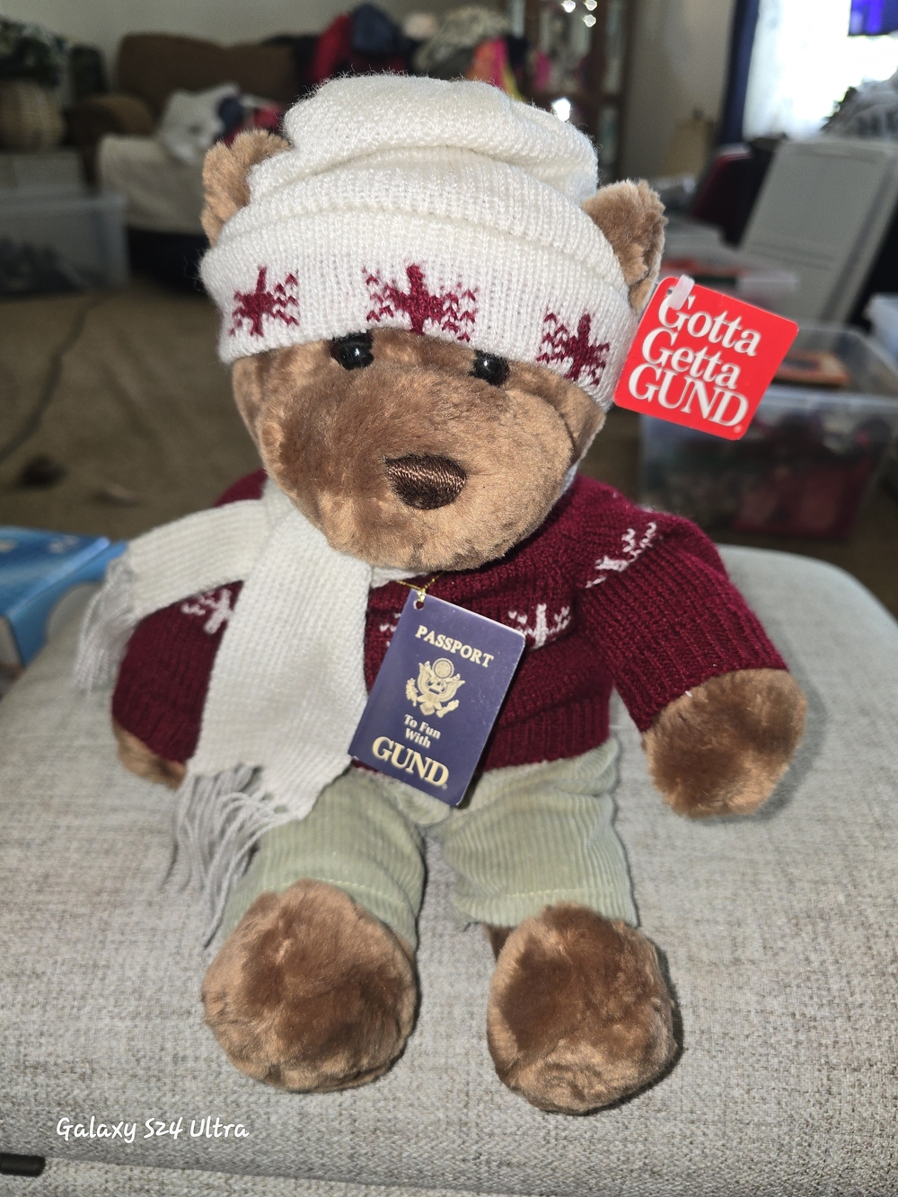 GUND Brown Bear in Cream Hat, Scarf & Burgundy Sweater